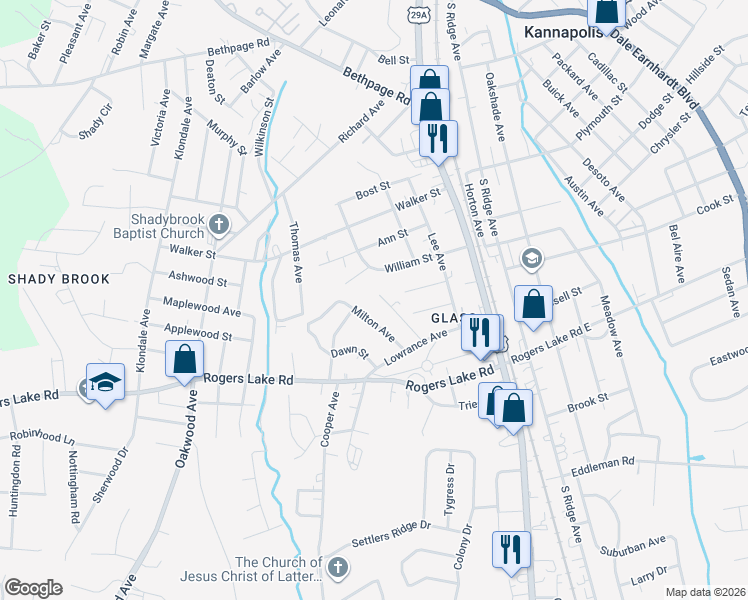 map of restaurants, bars, coffee shops, grocery stores, and more near 1206 Margaret Avenue in Kannapolis