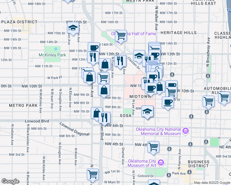 map of restaurants, bars, coffee shops, grocery stores, and more near 1014 North Francis Avenue in Oklahoma City
