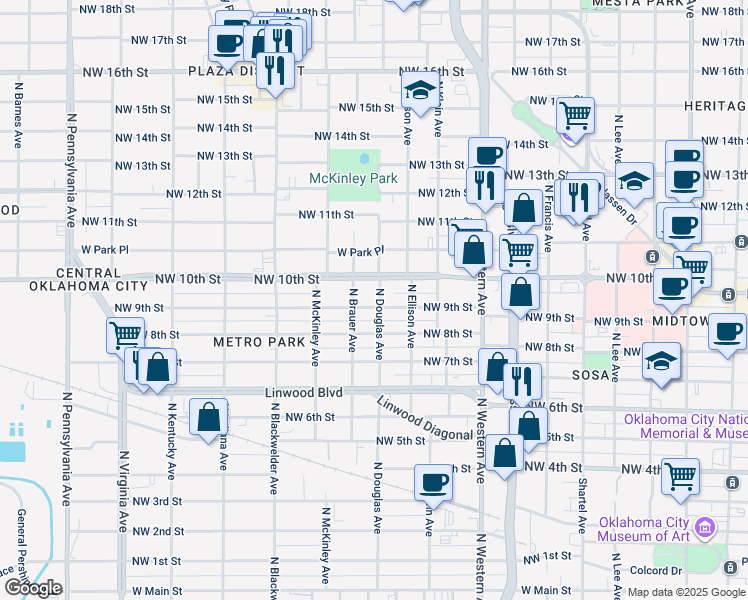 map of restaurants, bars, coffee shops, grocery stores, and more near 1401 Northwest 9th Street in Oklahoma City