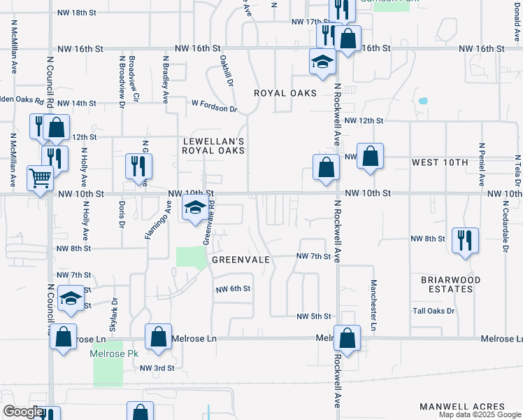 map of restaurants, bars, coffee shops, grocery stores, and more near 1016 Whispering Oak Road in Oklahoma City