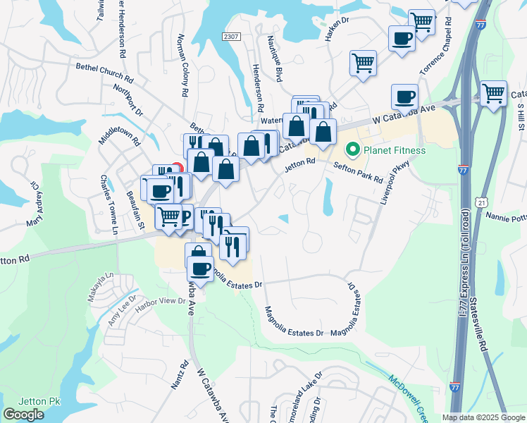map of restaurants, bars, coffee shops, grocery stores, and more near 19720 Jetton Road in Cornelius