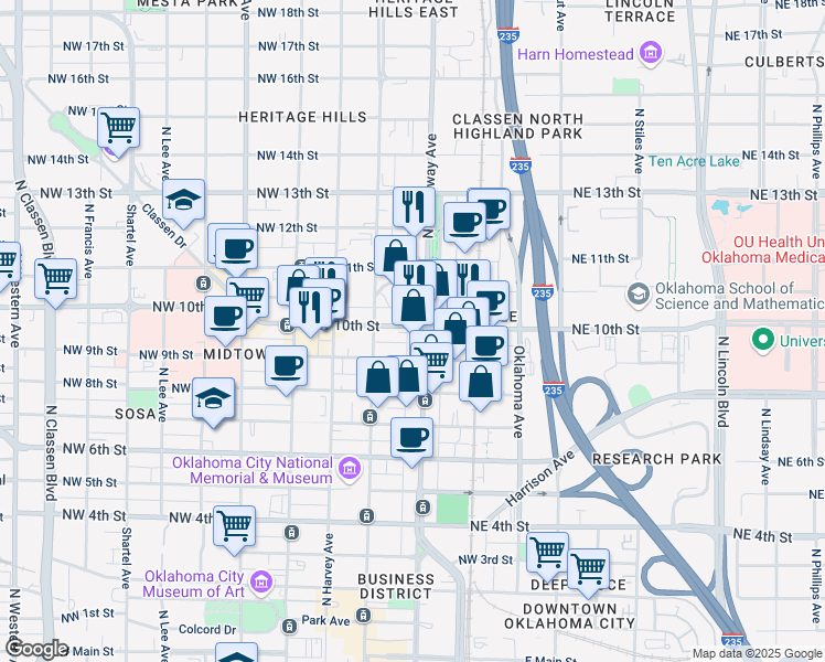 map of restaurants, bars, coffee shops, grocery stores, and more near 124 Northwest 10th Street in Oklahoma City