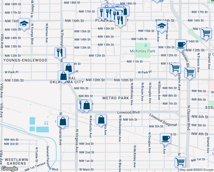 map of restaurants, bars, coffee shops, grocery stores, and more near in Oklahoma City