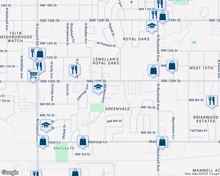 map of restaurants, bars, coffee shops, grocery stores, and more near 7420 Northwest 10th Street in Oklahoma City