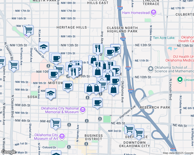 map of restaurants, bars, coffee shops, grocery stores, and more near 124 Northwest 10th Street in Oklahoma City