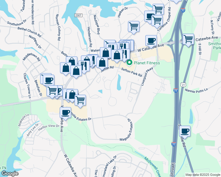 map of restaurants, bars, coffee shops, grocery stores, and more near 19532 One Norman Drive in Cornelius