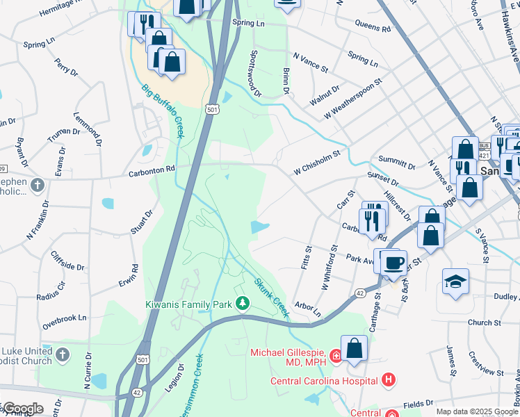 map of restaurants, bars, coffee shops, grocery stores, and more near 413 Carbonton Road in Sanford