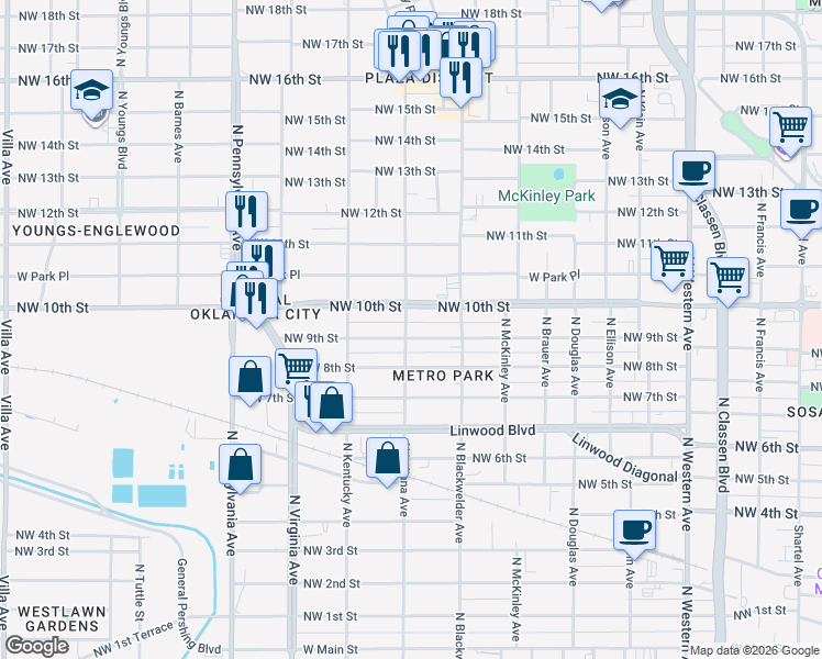 map of restaurants, bars, coffee shops, grocery stores, and more near in Oklahoma City