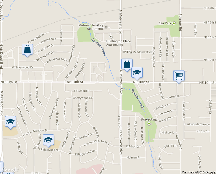 map of restaurants, bars, coffee shops, grocery stores, and more near 411 Heritage Place in Midwest City
