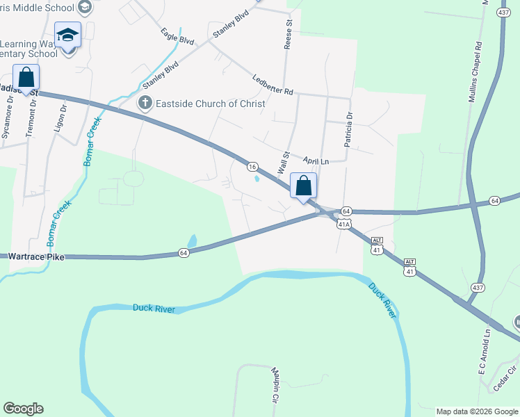 map of restaurants, bars, coffee shops, grocery stores, and more near 1975 Wartrace Pike in Shelbyville