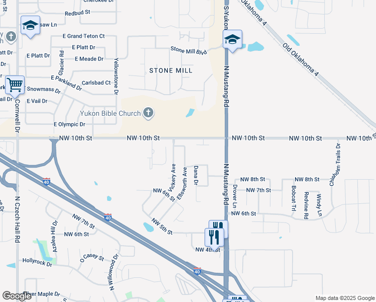 map of restaurants, bars, coffee shops, grocery stores, and more near 916 Ellsworth Avenue in Yukon
