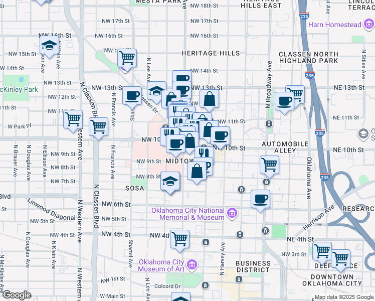 map of restaurants, bars, coffee shops, grocery stores, and more near 430 Northwest 10th Street in Oklahoma City
