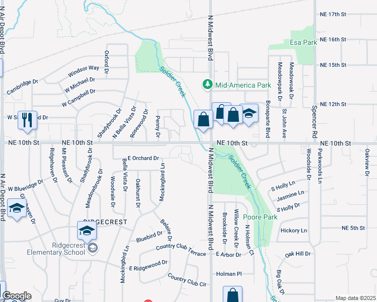 map of restaurants, bars, coffee shops, grocery stores, and more near 411 Heritage Place in Midwest City