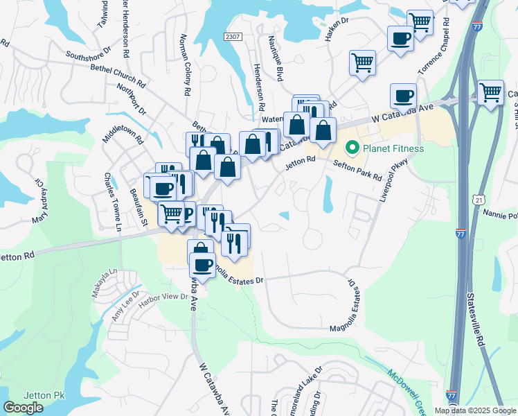 map of restaurants, bars, coffee shops, grocery stores, and more near 19720 Jetton Road in Cornelius