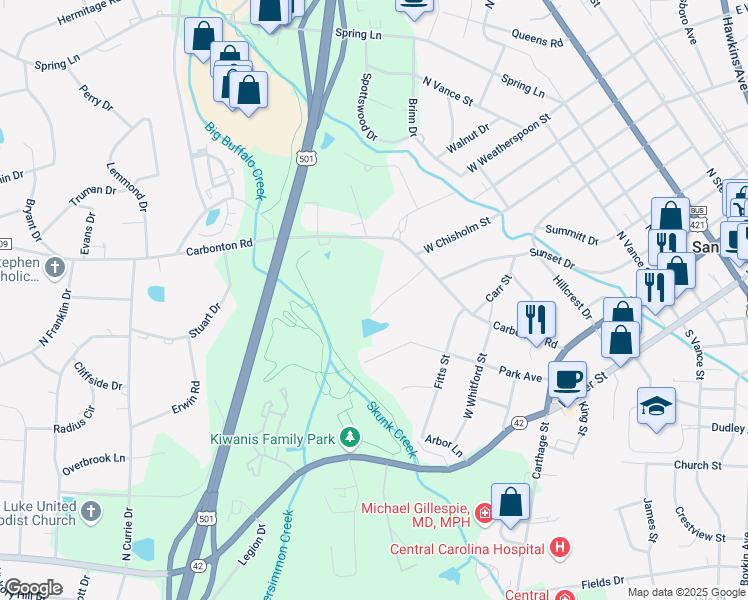 map of restaurants, bars, coffee shops, grocery stores, and more near 413 Carbonton Road in Sanford