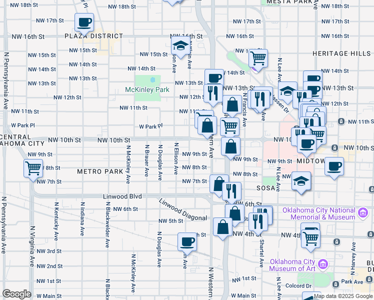 map of restaurants, bars, coffee shops, grocery stores, and more near 1129 Northwest 9th Street in Oklahoma City