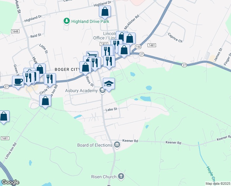 map of restaurants, bars, coffee shops, grocery stores, and more near 221 Salem Church Road in Lincolnton
