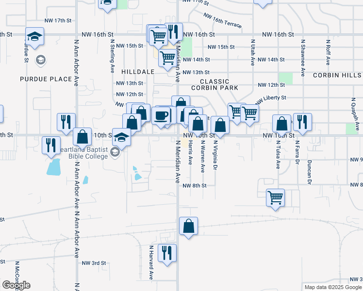 map of restaurants, bars, coffee shops, grocery stores, and more near 1012 North Meridian Avenue in Oklahoma City