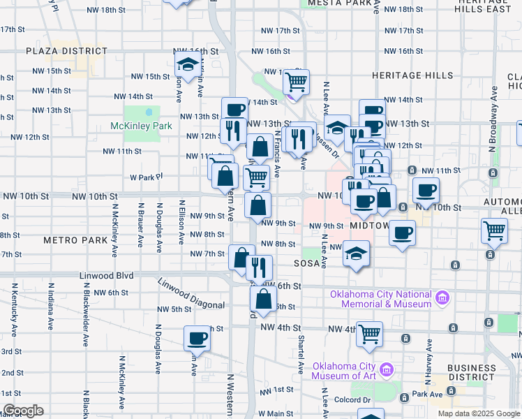 map of restaurants, bars, coffee shops, grocery stores, and more near 1020 North Classen Boulevard in Oklahoma City