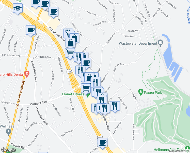map of restaurants, bars, coffee shops, grocery stores, and more near 8782 Curbaril Avenue in Atascadero