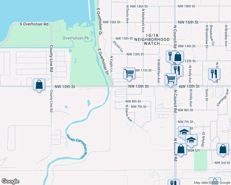 map of restaurants, bars, coffee shops, grocery stores, and more near Unnamed Road in Oklahoma City