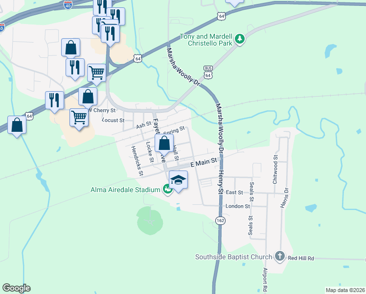 map of restaurants, bars, coffee shops, grocery stores, and more near 131 Oak Street in Alma