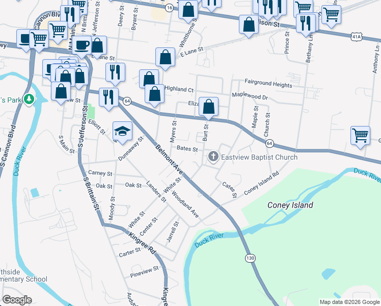 map of restaurants, bars, coffee shops, grocery stores, and more near 110 Bates Street in Shelbyville