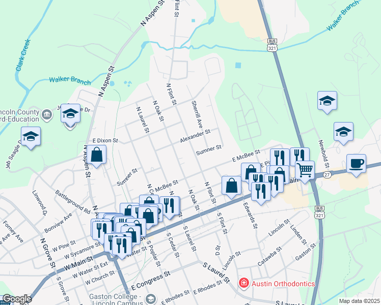 map of restaurants, bars, coffee shops, grocery stores, and more near 505 North Flint Street in Lincolnton