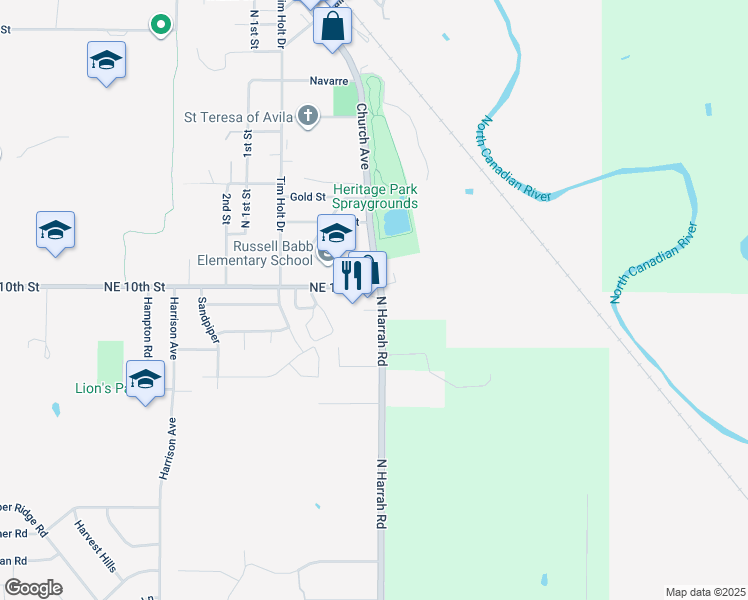 map of restaurants, bars, coffee shops, grocery stores, and more near 1095 North Harrah Road in Harrah