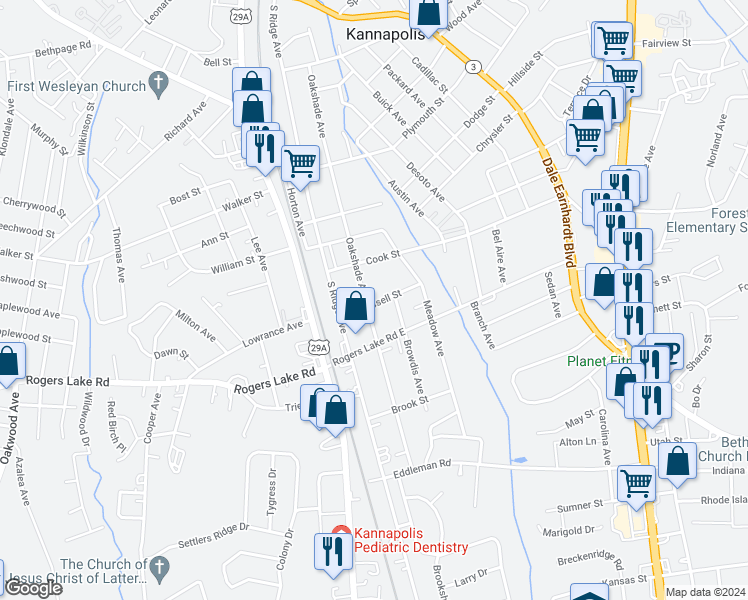 map of restaurants, bars, coffee shops, grocery stores, and more near 315 Russell Street in Kannapolis