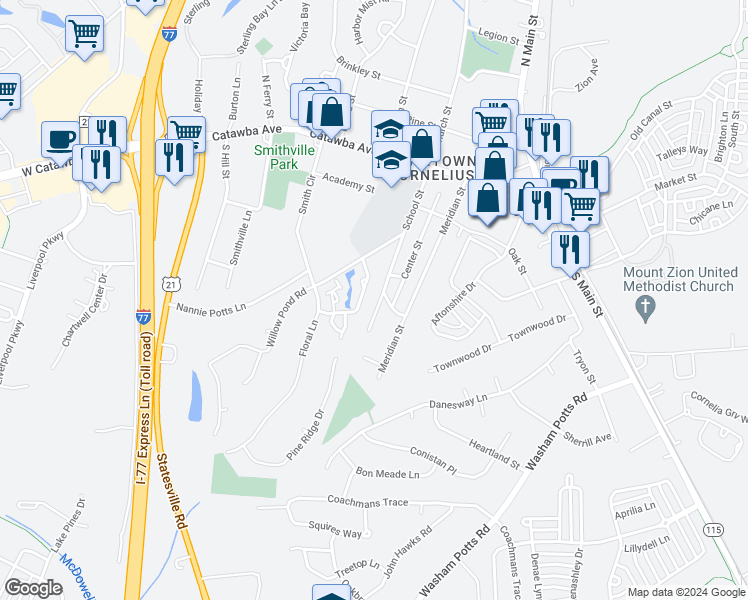 map of restaurants, bars, coffee shops, grocery stores, and more near 19331 School St in Cornelius