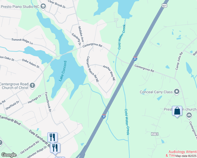 map of restaurants, bars, coffee shops, grocery stores, and more near 905 Back Bay Court Northeast in Kannapolis