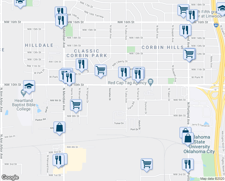 map of restaurants, bars, coffee shops, grocery stores, and more near 4122 Northwest 10th Street in Oklahoma City
