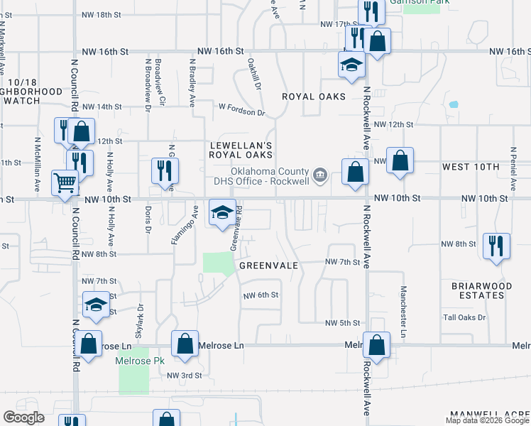 map of restaurants, bars, coffee shops, grocery stores, and more near 7400 Northwest 10th Street in Oklahoma City