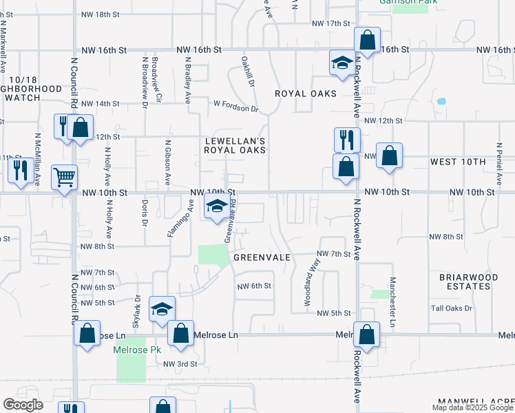 map of restaurants, bars, coffee shops, grocery stores, and more near 7400 Northwest 10th Street in Oklahoma City