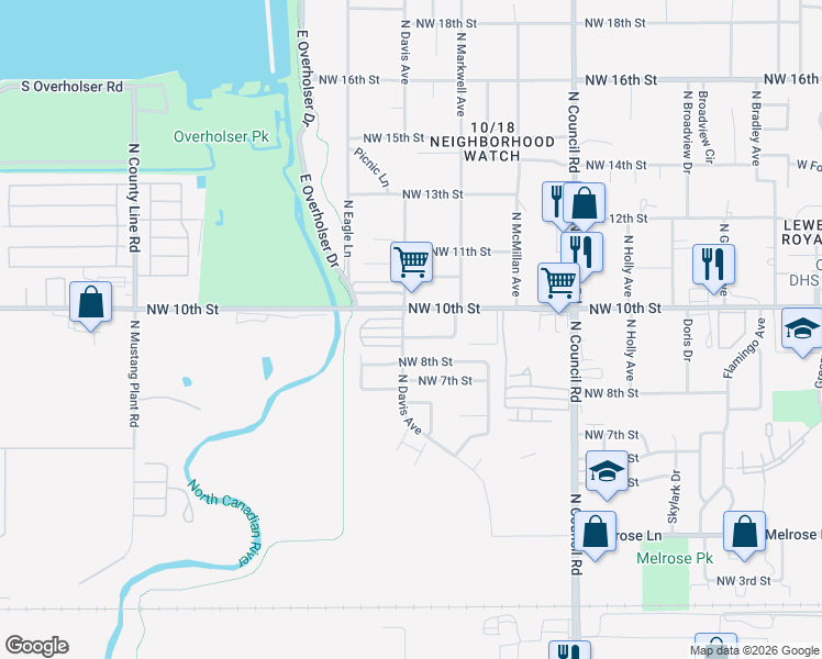 map of restaurants, bars, coffee shops, grocery stores, and more near 1010 North Davis Avenue in Oklahoma City