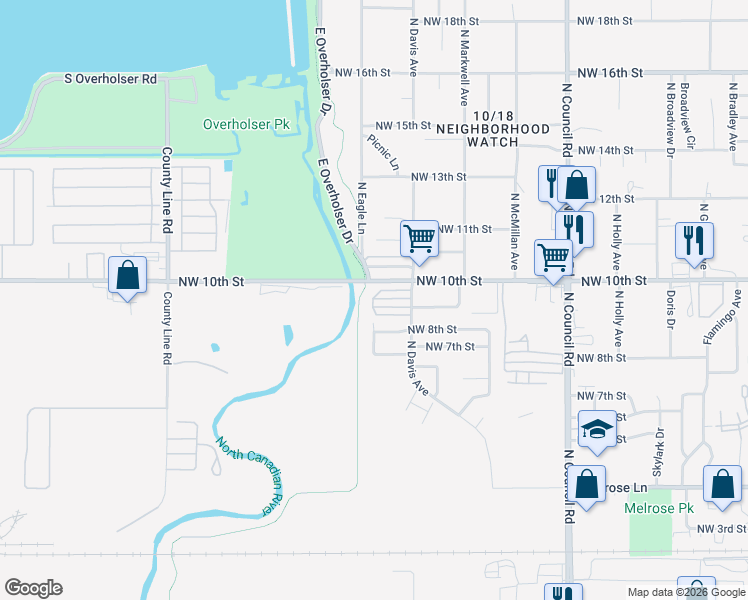 map of restaurants, bars, coffee shops, grocery stores, and more near Unnamed Road in Oklahoma City