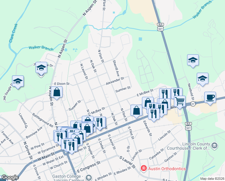 map of restaurants, bars, coffee shops, grocery stores, and more near 505 North Flint Street in Lincolnton