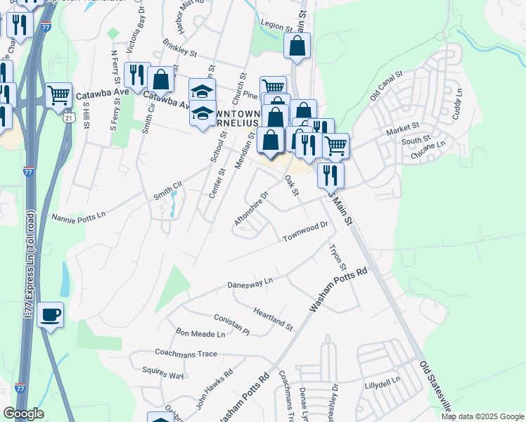 map of restaurants, bars, coffee shops, grocery stores, and more near 19612 Feriba Place in Cornelius