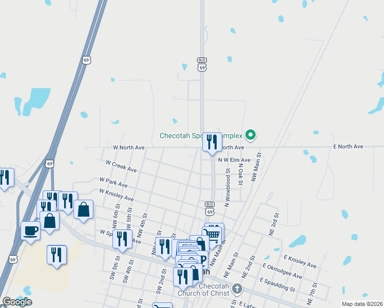 map of restaurants, bars, coffee shops, grocery stores, and more near 714 Northwest 2nd Street in Checotah