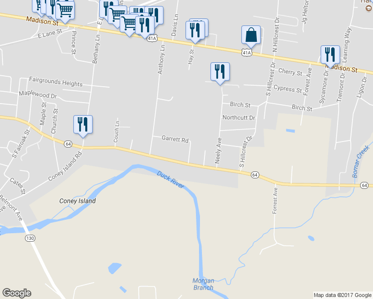 map of restaurants, bars, coffee shops, grocery stores, and more near 1420 Garrett Road in Shelbyville