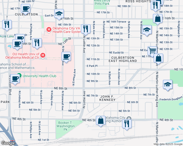 map of restaurants, bars, coffee shops, grocery stores, and more near 1327 Northeast 10th Street in Oklahoma City