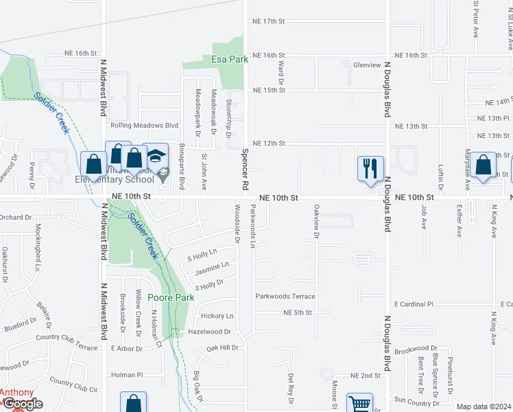 map of restaurants, bars, coffee shops, grocery stores, and more near 4030 Parkwoods Lane in Midwest City
