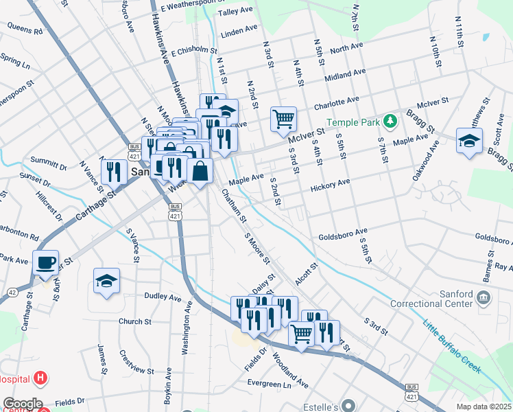 map of restaurants, bars, coffee shops, grocery stores, and more near 162 Hickory Grove Drive in Sanford