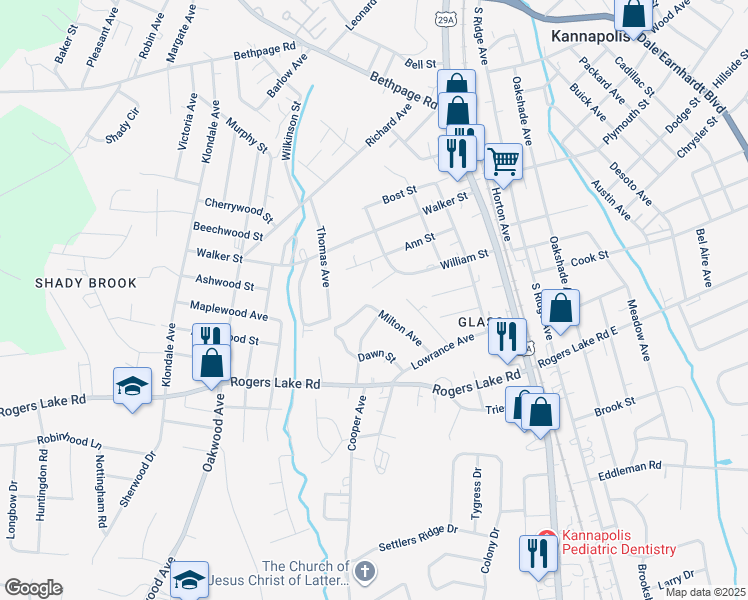 map of restaurants, bars, coffee shops, grocery stores, and more near Milton Avenue in Kannapolis