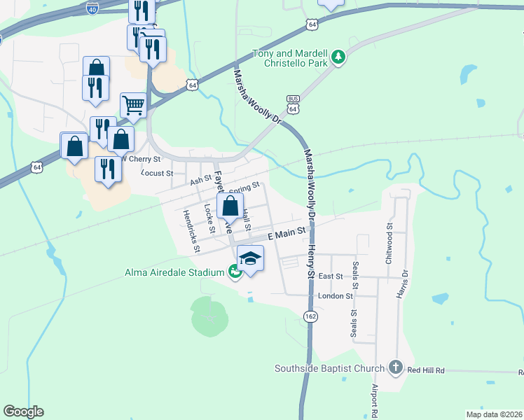 map of restaurants, bars, coffee shops, grocery stores, and more near 131 Oak St in Alma
