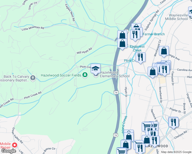 map of restaurants, bars, coffee shops, grocery stores, and more near 1111 Plott Creek Road in Waynesville