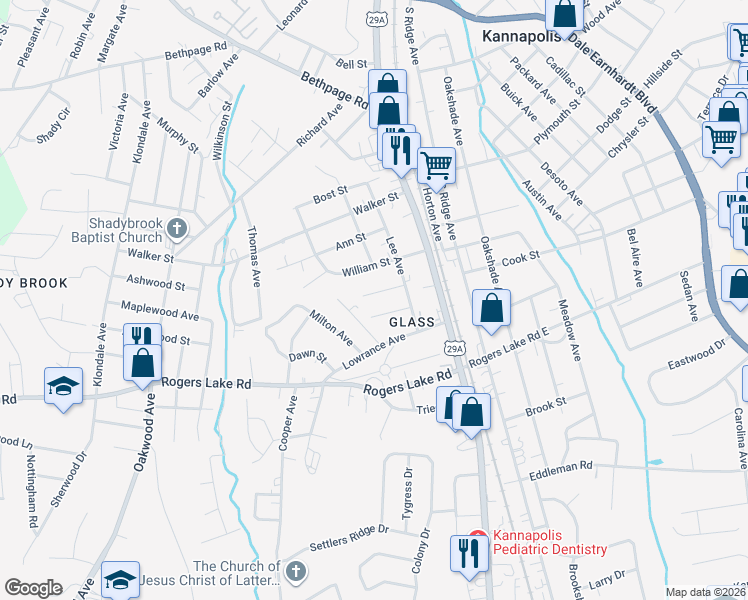 map of restaurants, bars, coffee shops, grocery stores, and more near 231 Summerpine Place in Kannapolis