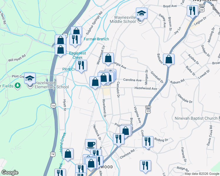 map of restaurants, bars, coffee shops, grocery stores, and more near 421 Hazelwood Avenue in Waynesville
