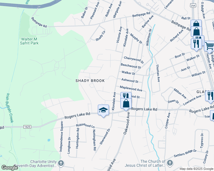 map of restaurants, bars, coffee shops, grocery stores, and more near 1206 Redwood Court in Kannapolis